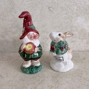 Fitz and Floyd Woodland Bunny Rabbit & Elf Gnome Salt & Pepper Shakers 1991